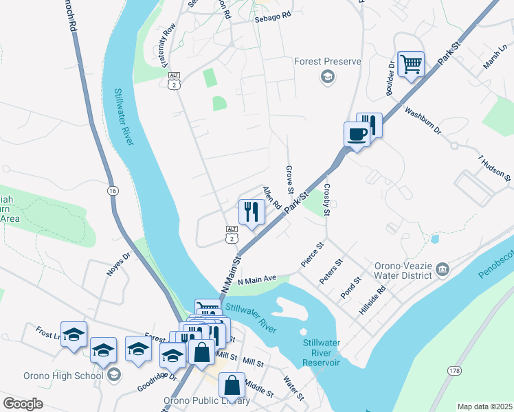 map of restaurants, bars, coffee shops, grocery stores, and more near 24 Allen Road in Orono