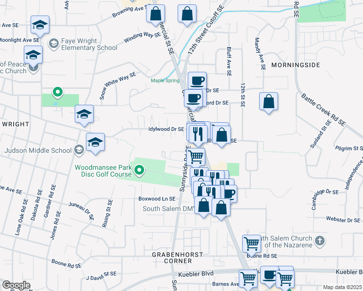map of restaurants, bars, coffee shops, grocery stores, and more near 4515 Sunnyside Road Southeast in Salem