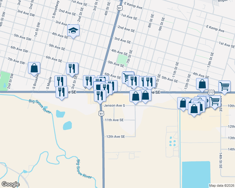 map of restaurants, bars, coffee shops, grocery stores, and more near 615 9th Avenue Southeast in Watertown