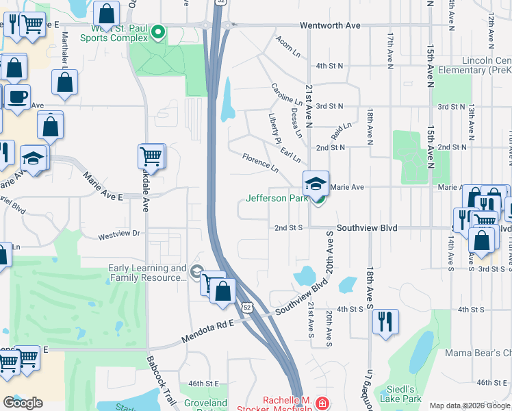 map of restaurants, bars, coffee shops, grocery stores, and more near 2300 Heimel Street in South Saint Paul