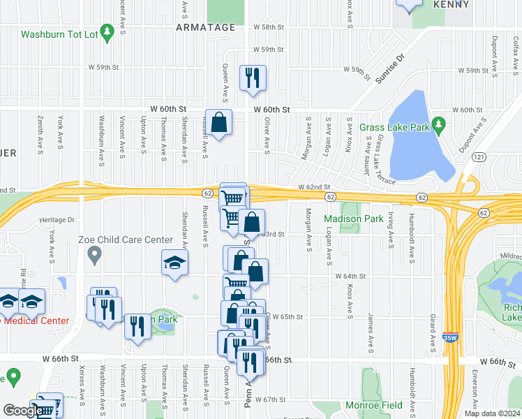 map of restaurants, bars, coffee shops, grocery stores, and more near 6142 Oliver Avenue South in Minneapolis