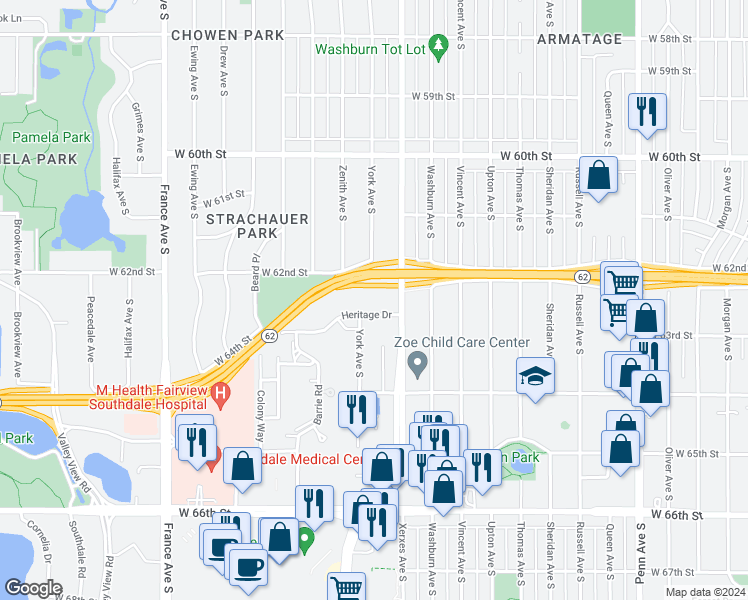 map of restaurants, bars, coffee shops, grocery stores, and more near 6200 Xerxes Avenue South in Edina
