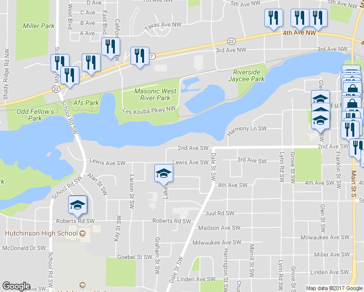 map of restaurants, bars, coffee shops, grocery stores, and more near 935 2nd Avenue Southwest in Hutchinson