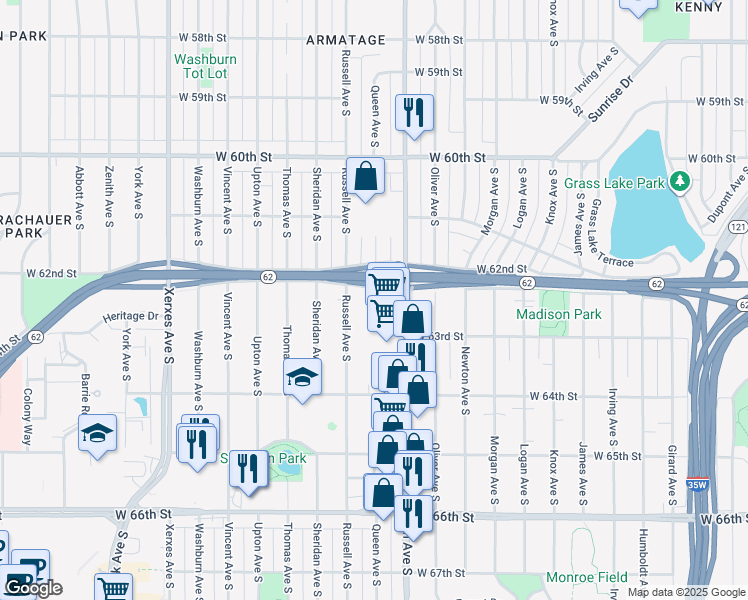 map of restaurants, bars, coffee shops, grocery stores, and more near 6211 Russell Avenue South in Minneapolis