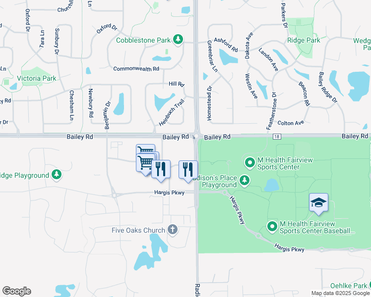 map of restaurants, bars, coffee shops, grocery stores, and more near 4040 Radio Drive in Woodbury