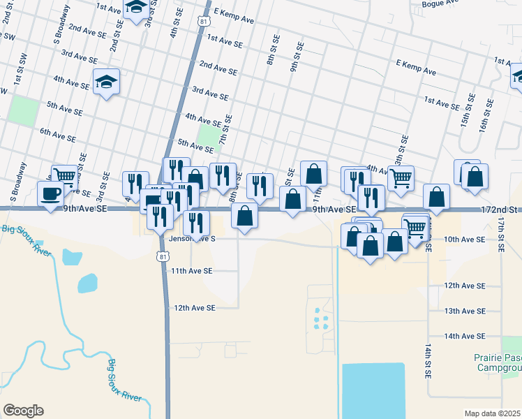 map of restaurants, bars, coffee shops, grocery stores, and more near 917 9th Avenue Southeast in Watertown