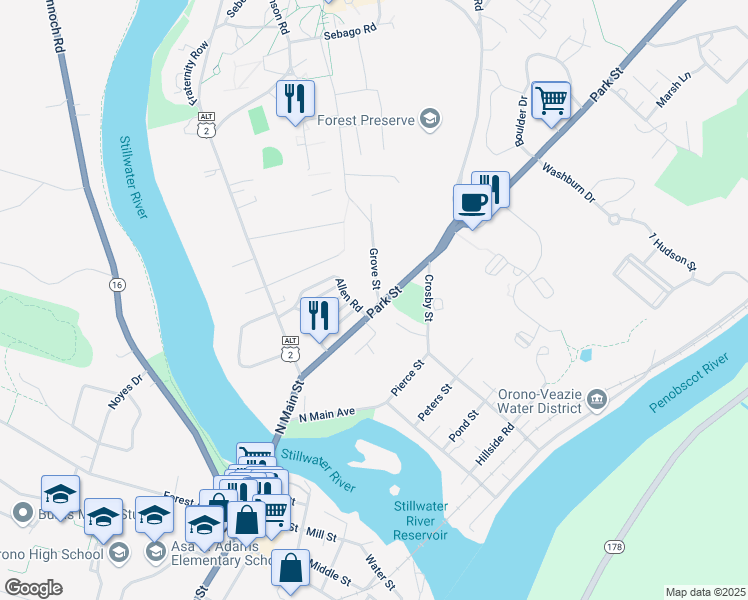 map of restaurants, bars, coffee shops, grocery stores, and more near 5 Grove Street in Orono