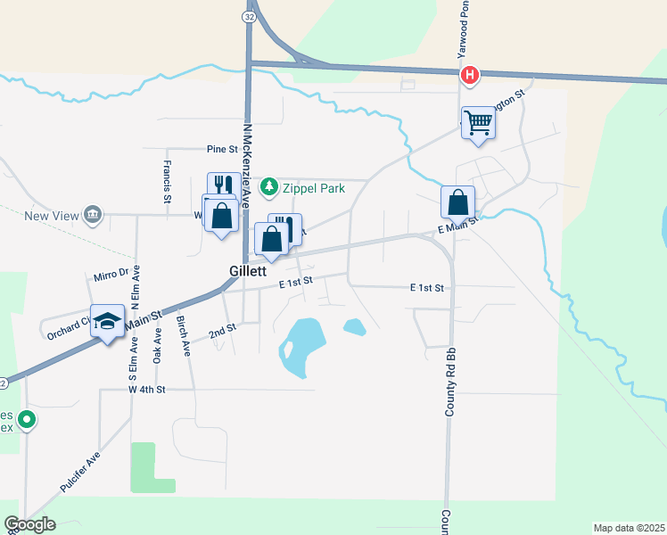 map of restaurants, bars, coffee shops, grocery stores, and more near 214 East Main Street in Gillett