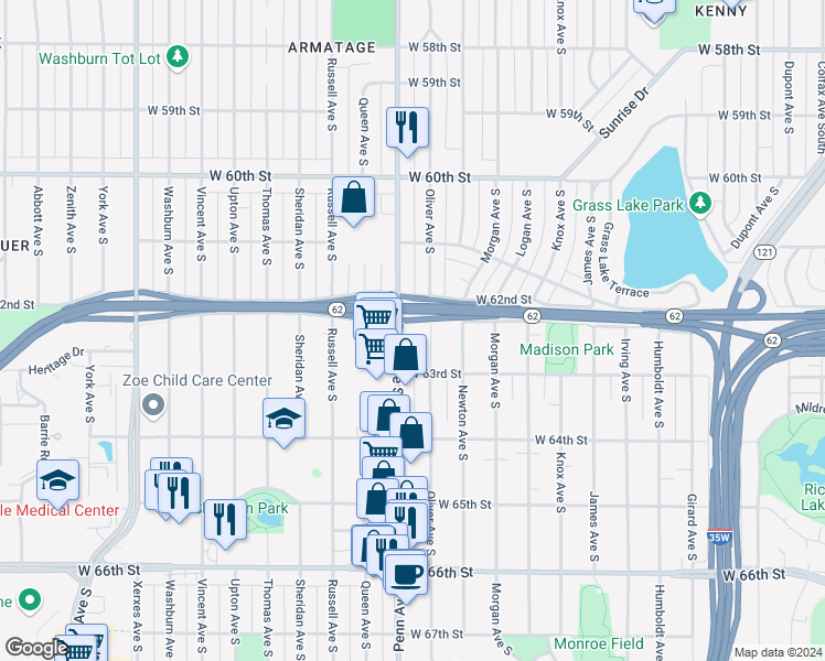 map of restaurants, bars, coffee shops, grocery stores, and more near 6142 Oliver Avenue South in Minneapolis