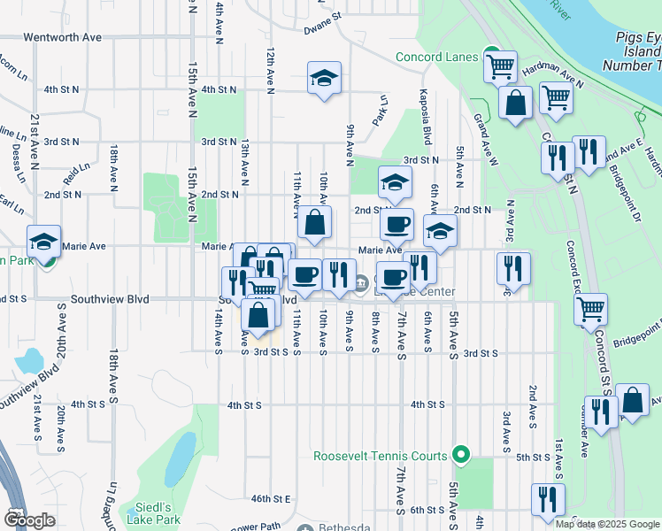 map of restaurants, bars, coffee shops, grocery stores, and more near 106 10th Avenue North in South Saint Paul