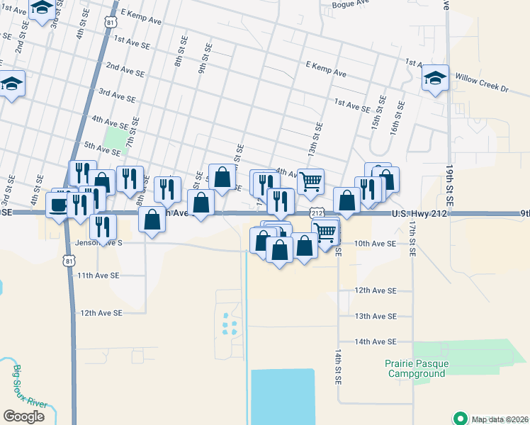 map of restaurants, bars, coffee shops, grocery stores, and more near 599 12th Street Southeast in Watertown