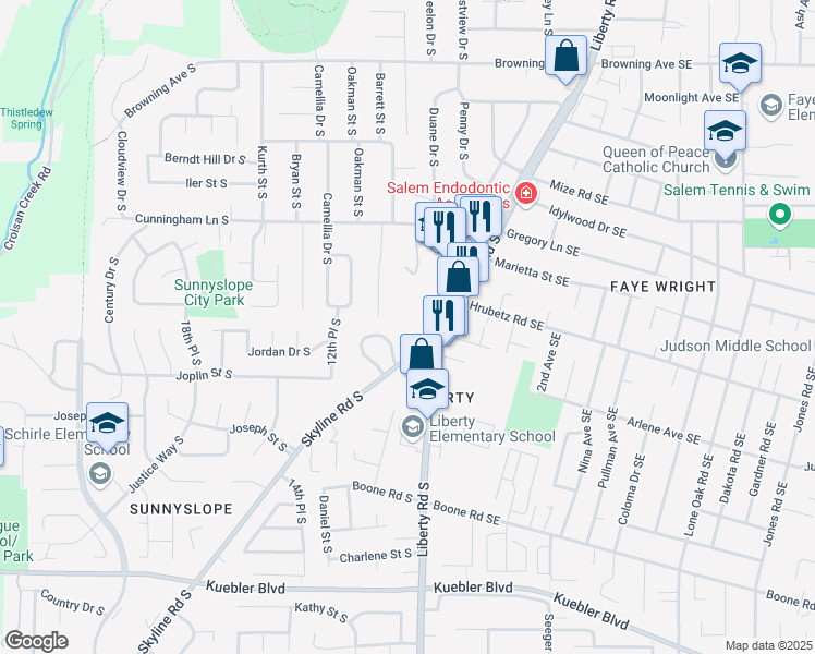 map of restaurants, bars, coffee shops, grocery stores, and more near 4747 Skyline Road South in Salem