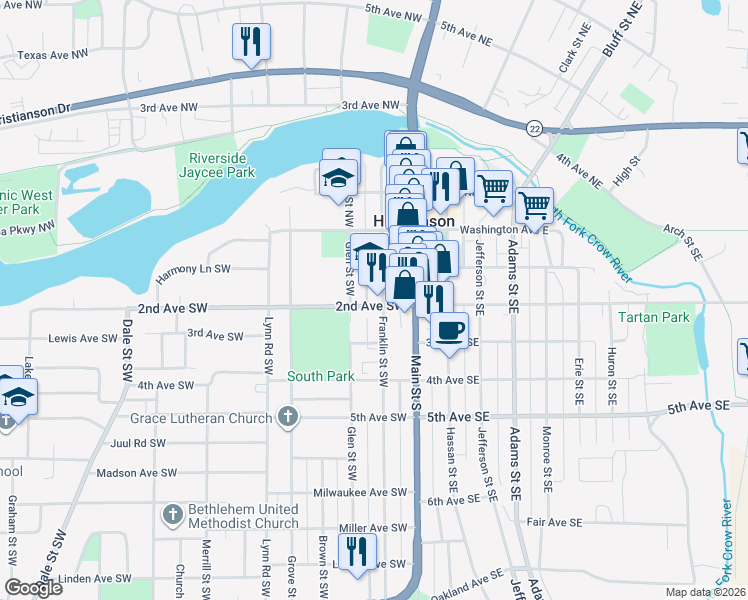 map of restaurants, bars, coffee shops, grocery stores, and more near 135 Glen Street Southwest in Hutchinson