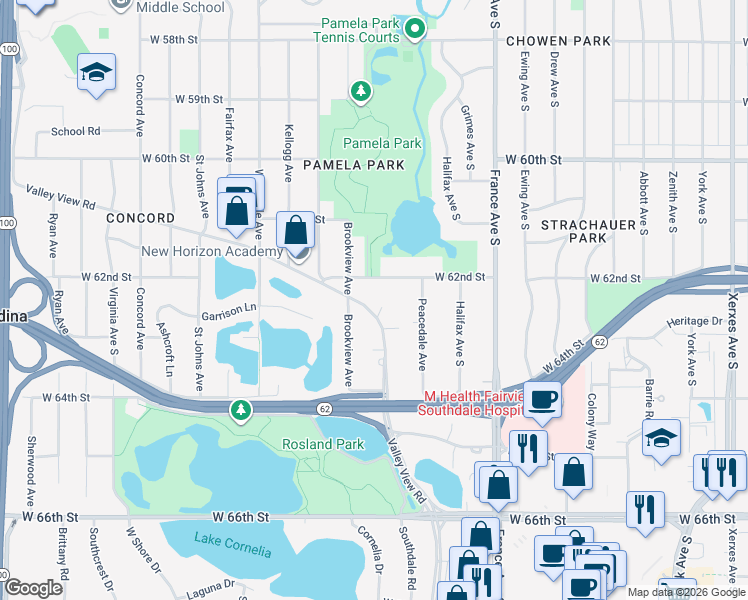 map of restaurants, bars, coffee shops, grocery stores, and more near 4246 Valley View Road in Minneapolis