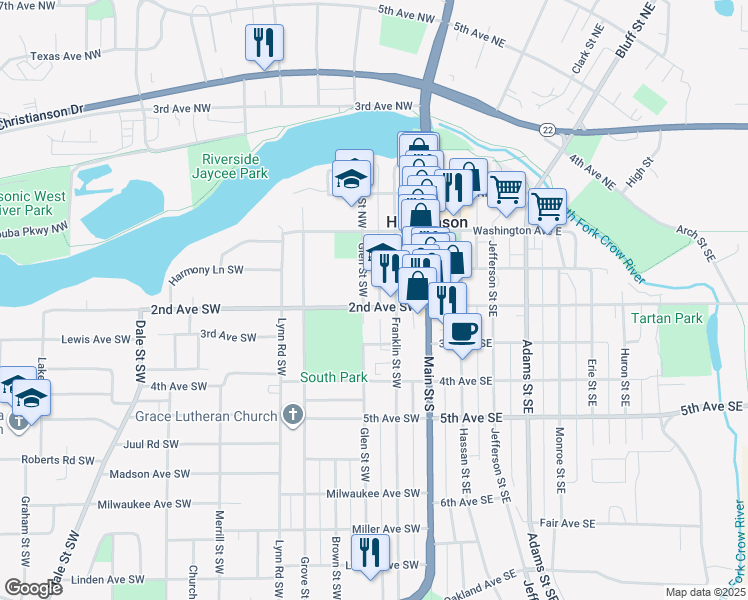 map of restaurants, bars, coffee shops, grocery stores, and more near 145 Glen Street Southwest in Hutchinson