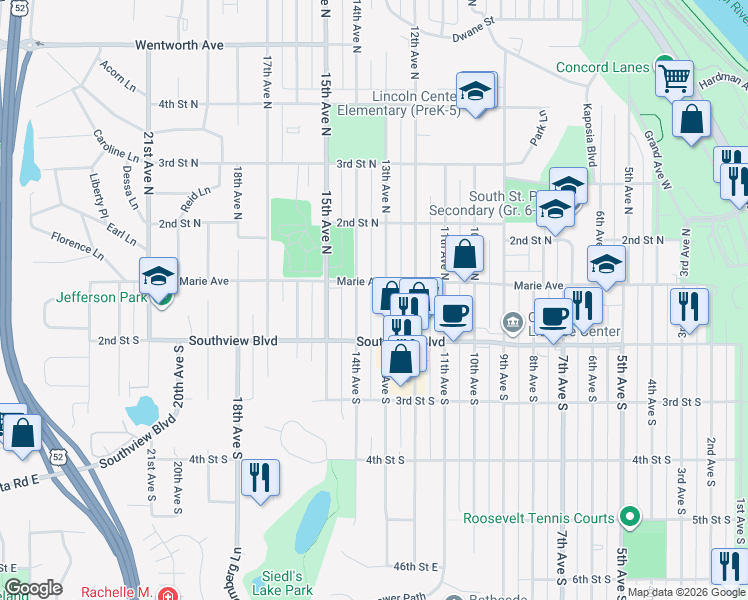 map of restaurants, bars, coffee shops, grocery stores, and more near 109 14th Avenue North in South Saint Paul