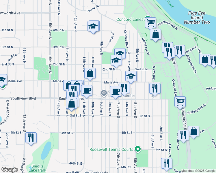 map of restaurants, bars, coffee shops, grocery stores, and more near 105 8th Avenue South in South Saint Paul