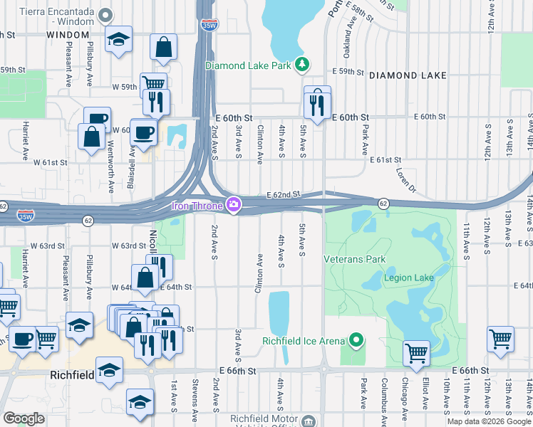 map of restaurants, bars, coffee shops, grocery stores, and more near 6215 Clinton Avenue in Minneapolis