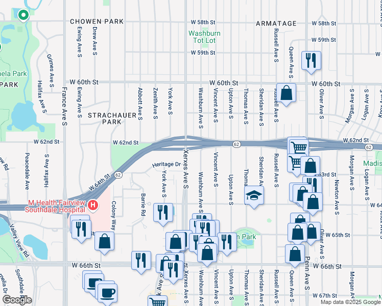 map of restaurants, bars, coffee shops, grocery stores, and more near 6210 Washburn Avenue South in Minneapolis