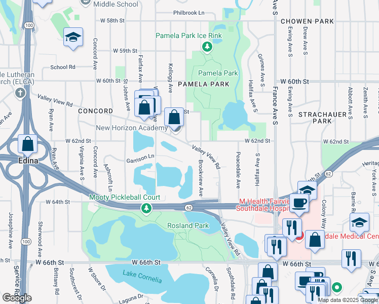 map of restaurants, bars, coffee shops, grocery stores, and more near 4305 West 62nd Street in Minneapolis