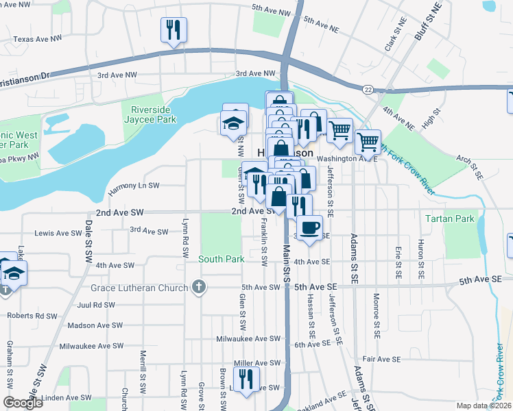 map of restaurants, bars, coffee shops, grocery stores, and more near 135 Glen Street Southwest in Hutchinson