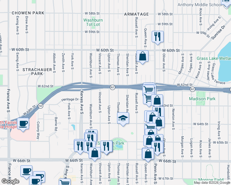 map of restaurants, bars, coffee shops, grocery stores, and more near 6205 Thomas Avenue South in Minneapolis