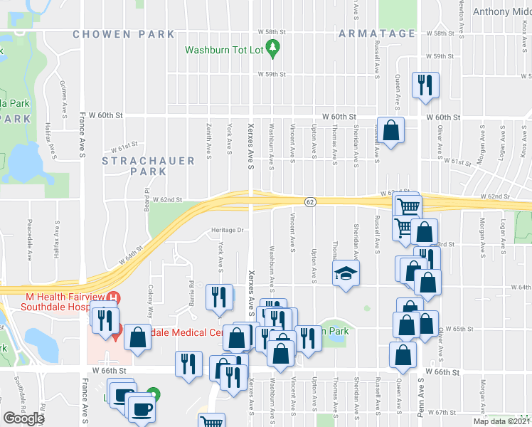 map of restaurants, bars, coffee shops, grocery stores, and more near 6210 Washburn Avenue South in Minneapolis