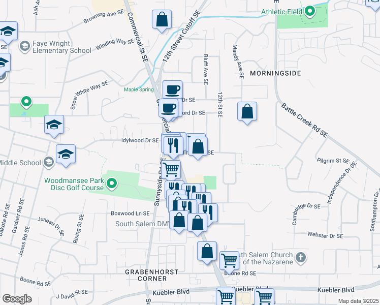 map of restaurants, bars, coffee shops, grocery stores, and more near 1055 Hilfiker Lane Southeast in Salem
