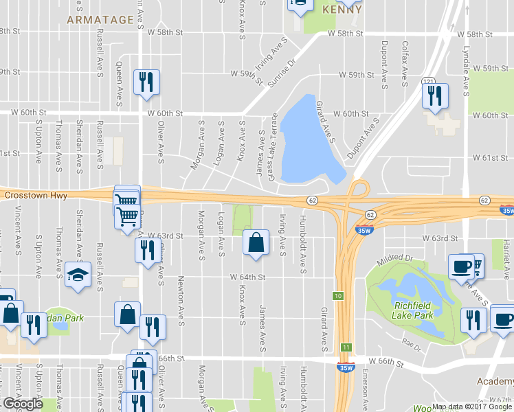 map of restaurants, bars, coffee shops, grocery stores, and more near 6208 James Avenue South in Minneapolis