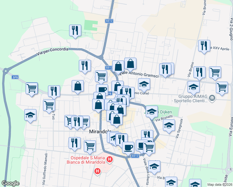 map of restaurants, bars, coffee shops, grocery stores, and more near 9 Viale V Martiri in Mirandola