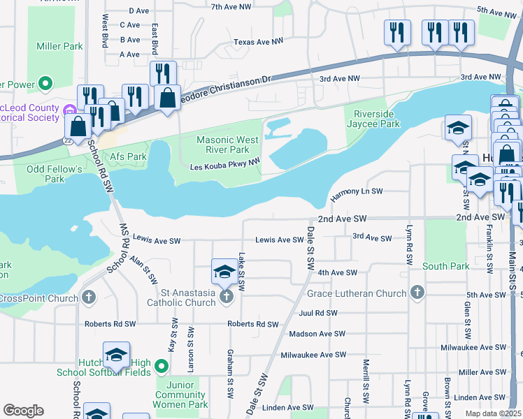map of restaurants, bars, coffee shops, grocery stores, and more near 935 2nd Avenue Southwest in Hutchinson