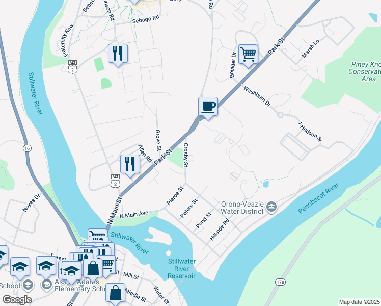 map of restaurants, bars, coffee shops, grocery stores, and more near 4 Crosby Street in Orono