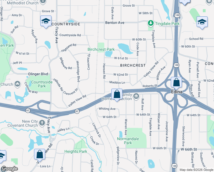 map of restaurants, bars, coffee shops, grocery stores, and more near 5325 Maddox Lane in Edina
