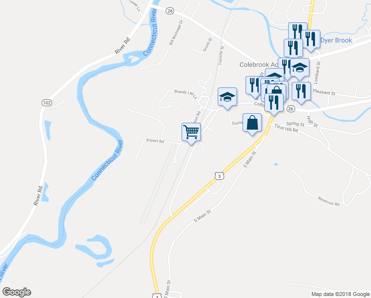 map of restaurants, bars, coffee shops, grocery stores, and more near 37 Airport Road in Colebrook