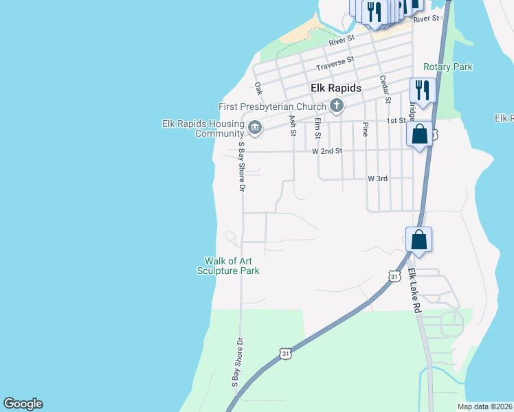 map of restaurants, bars, coffee shops, grocery stores, and more near 705 West 4th Street in Elk Rapids