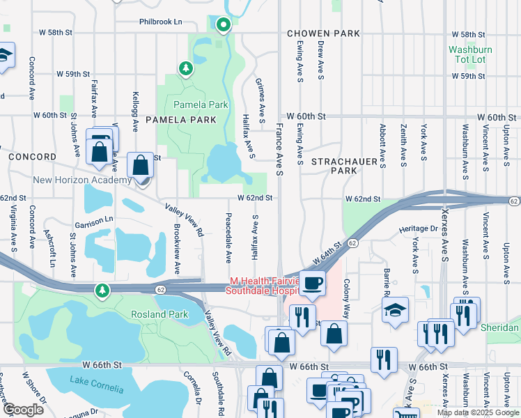 map of restaurants, bars, coffee shops, grocery stores, and more near 6205 Halifax Avenue South in Minneapolis