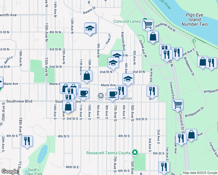 map of restaurants, bars, coffee shops, grocery stores, and more near 105 8th Avenue South in South Saint Paul
