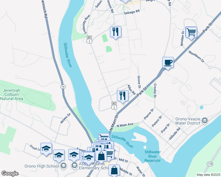 map of restaurants, bars, coffee shops, grocery stores, and more near 30 College Heights in Orono
