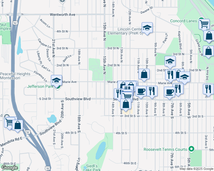 map of restaurants, bars, coffee shops, grocery stores, and more near 109 15th Avenue South in South Saint Paul