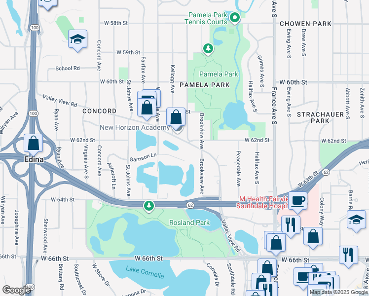 map of restaurants, bars, coffee shops, grocery stores, and more near 4401 Valley View Road in Minneapolis