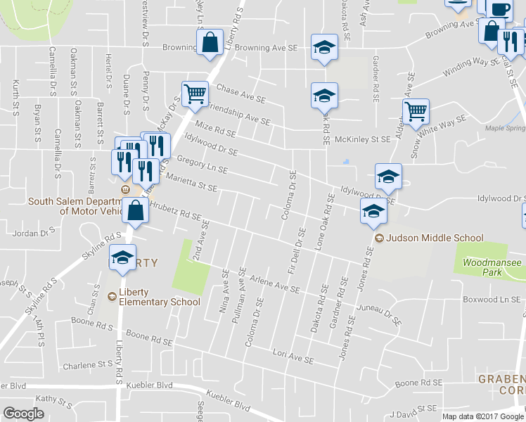 map of restaurants, bars, coffee shops, grocery stores, and more near 4561 Pullman Court Southeast in Salem