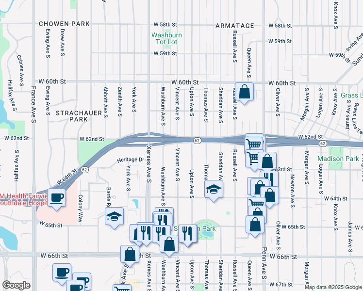 map of restaurants, bars, coffee shops, grocery stores, and more near 6205 Vincent Avenue South in Minneapolis