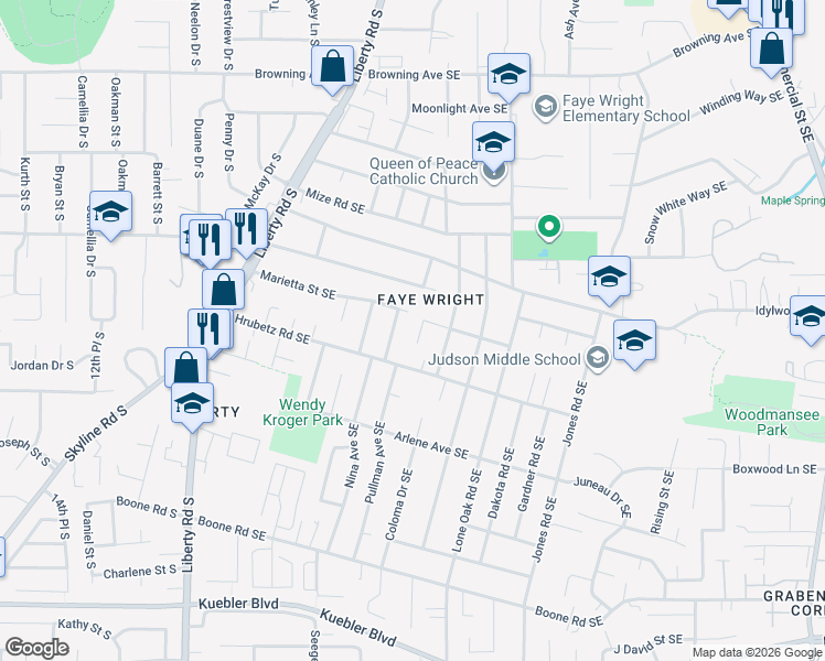 map of restaurants, bars, coffee shops, grocery stores, and more near 4561 Pullman Court Southeast in Salem