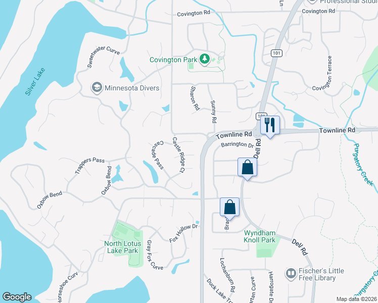 map of restaurants, bars, coffee shops, grocery stores, and more near 94 Shasta Circle East in Chanhassen