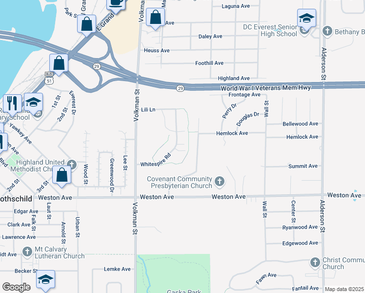 map of restaurants, bars, coffee shops, grocery stores, and more near 7345 Whitespire Road in Schofield