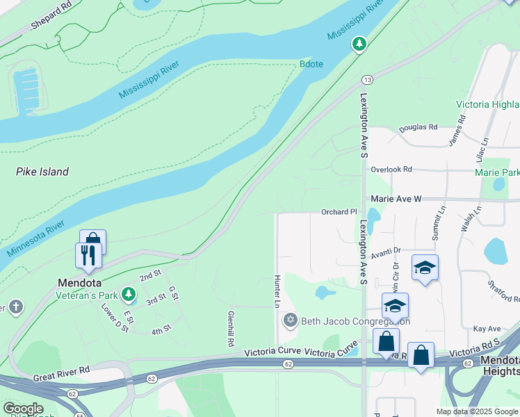 map of restaurants, bars, coffee shops, grocery stores, and more near 1819 Hunter Lane in Mendota Heights