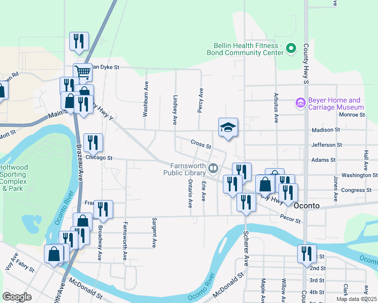 map of restaurants, bars, coffee shops, grocery stores, and more near 133 School Street in Oconto