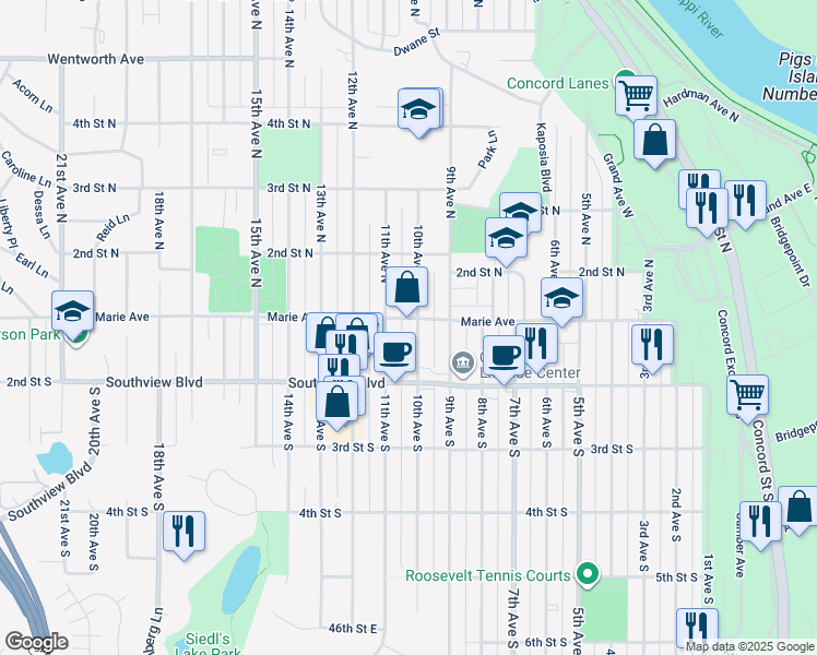 map of restaurants, bars, coffee shops, grocery stores, and more near 106 10th Avenue North in South Saint Paul