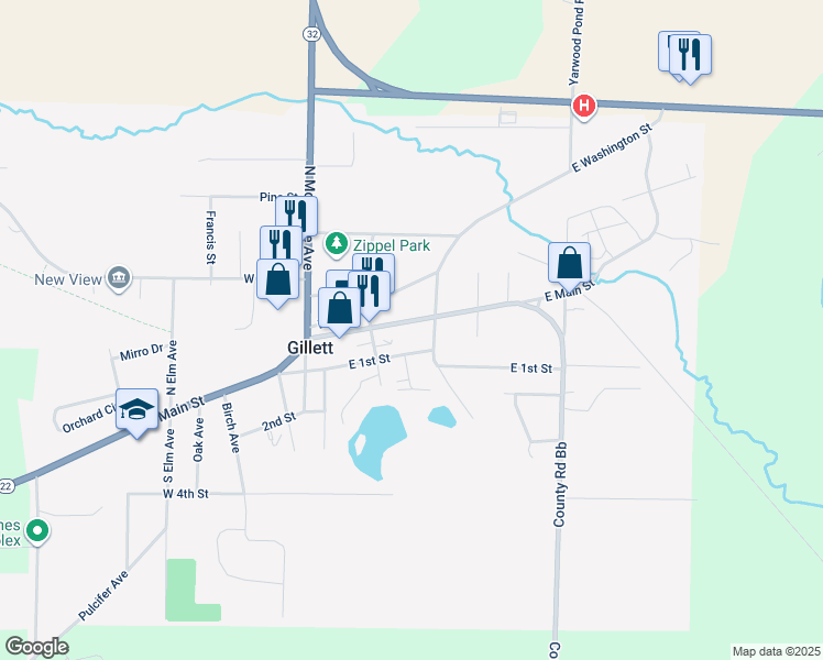 map of restaurants, bars, coffee shops, grocery stores, and more near 214 East Main Street in Gillett