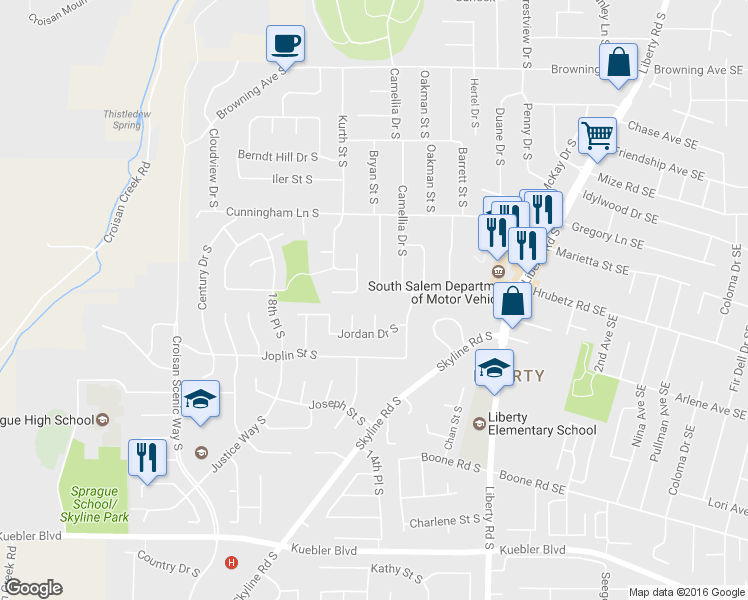 map of restaurants, bars, coffee shops, grocery stores, and more near 4565 Redinger Court South in Salem